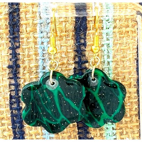 Artisan Green & Black Swirl Flower Dangle Earrings 1.75" Length Version 2 - Picture 1 of 2